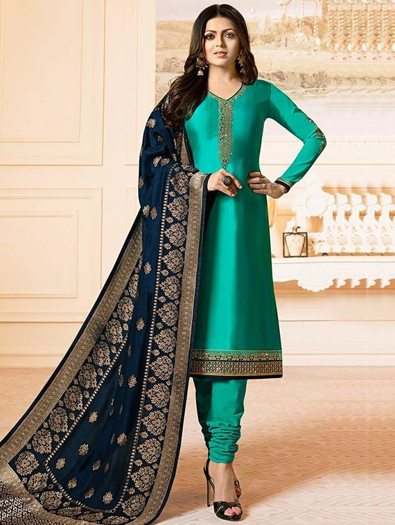 Embroidered semi-stitched churidaar suit - 15343730 - Zoom Image - 1