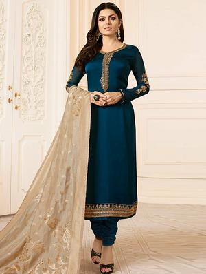 Embroidered silk semi-stitched churidaar suit - 15343734 - Standard Image - 1
