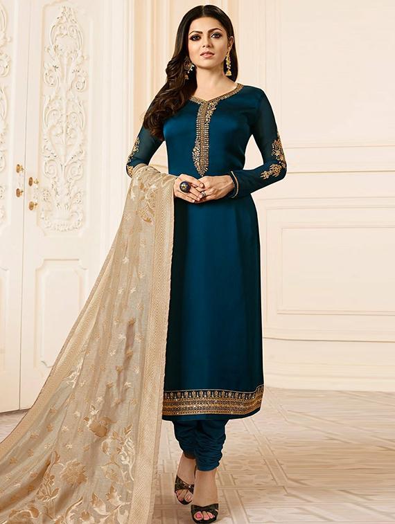 Embroidered silk semi-stitched churidaar suit - 15343734 - Zoom Image - 1