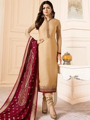 Embroidered silk semi-stitched churidaar suit - 15343737 - Standard Image - 1