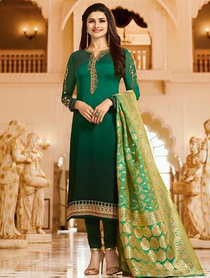 Embroidered silk semi-stitched churidaar suit - 15343740 - Standard Image - 1