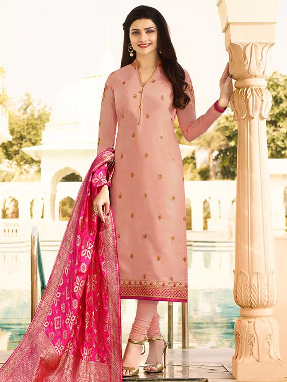 Embroidered silk semi-stitched churidaar suit - 15343741 - Zoom Image - 1