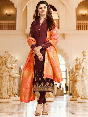 Embroidered silk semi-stitched churidaar suit - 15343743 - Standard Image - 1