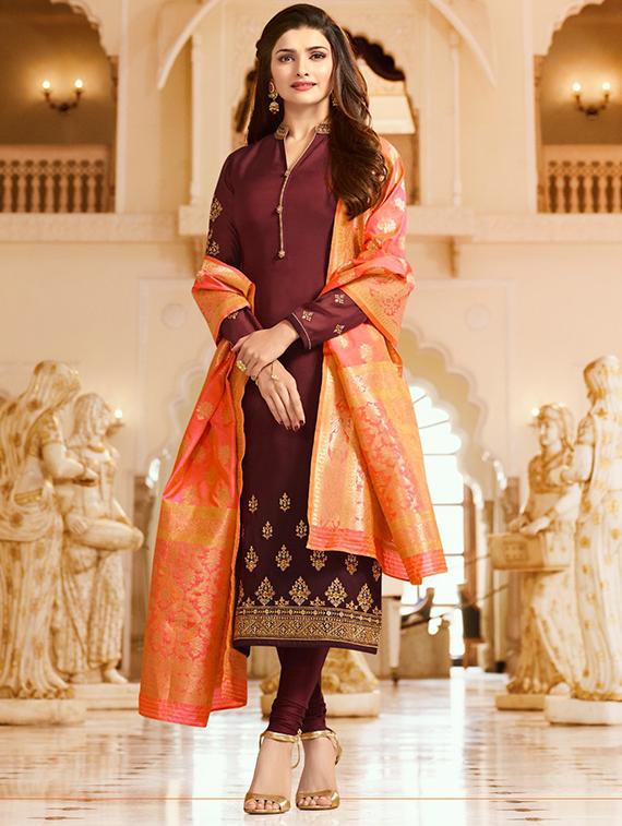 Embroidered silk semi-stitched churidaar suit - 15343743 - Zoom Image - 1