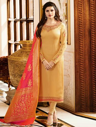 Embroidered silk semi-stitched churidaar suit - 15343744 - Very Small Image - 1