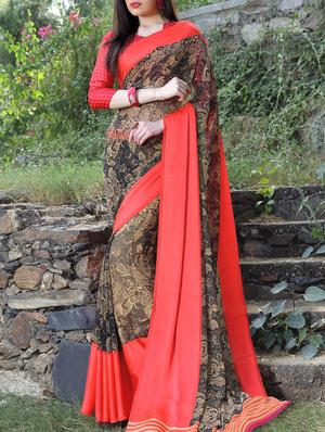 contrast border printed saree with blouse - 15344223 - Standard Image - 1