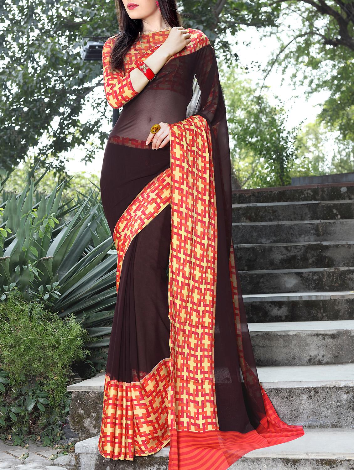 geometrical border brown saree with blouse - 15344226 - Zoom Image - 1