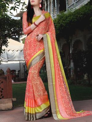 striped border printed saree with blouse - 15344229 - Standard Image - 1