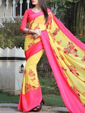 floral printed yellow saree with blouse - 15344236 - Standard Image - 1