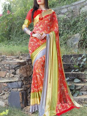 striped border red saree with blouse - 15344237 - Standard Image - 1