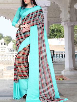 contrast border geometrical print saree with blouse - 15344239 - Standard Image - 1