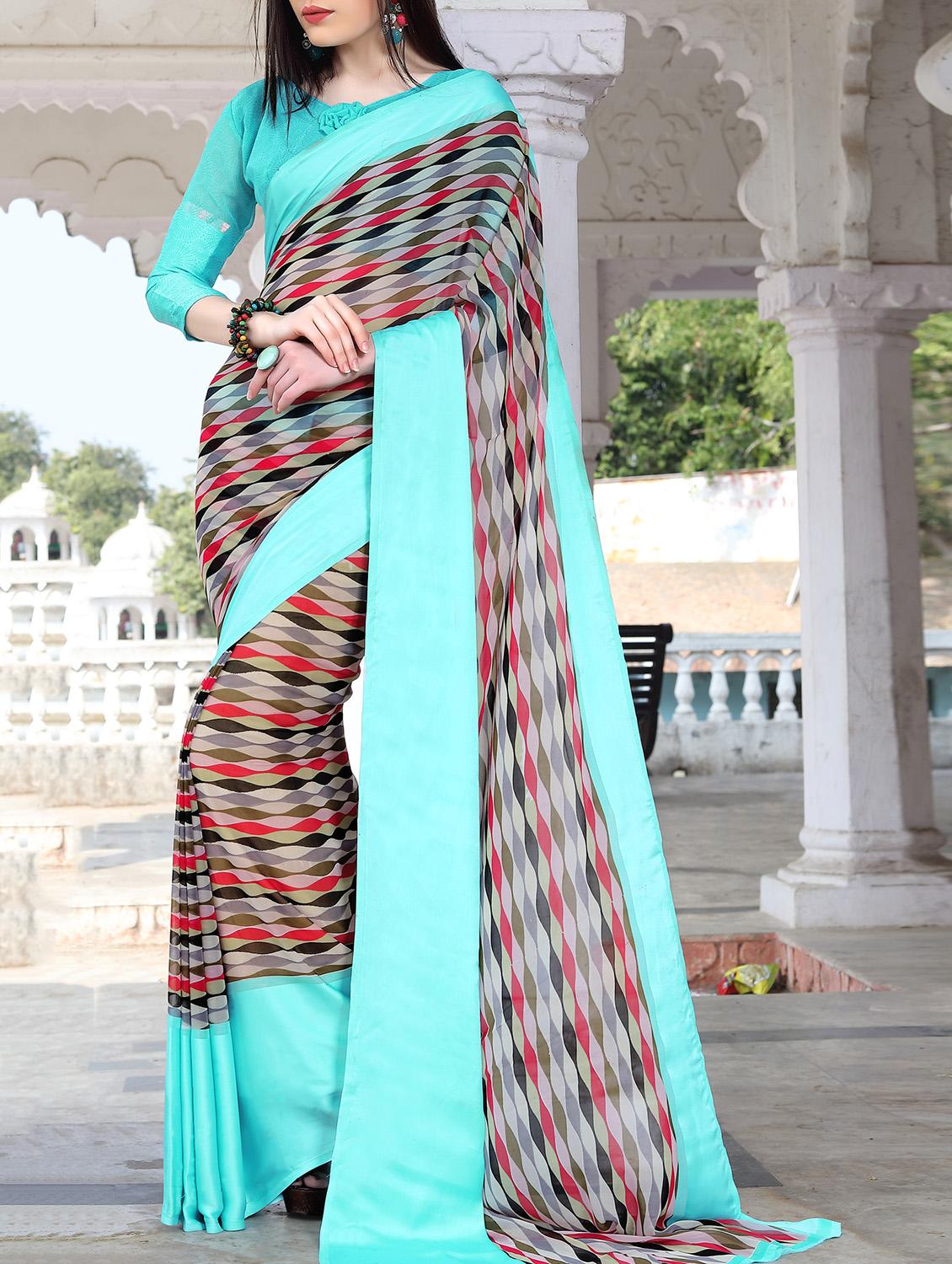 contrast border geometrical print saree with blouse - 15344239 - Zoom Image - 1