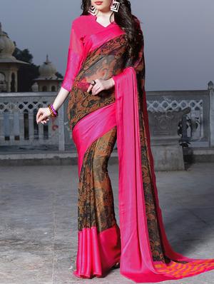 contrast border printed saree with blouse - 15344240 - Standard Image - 1