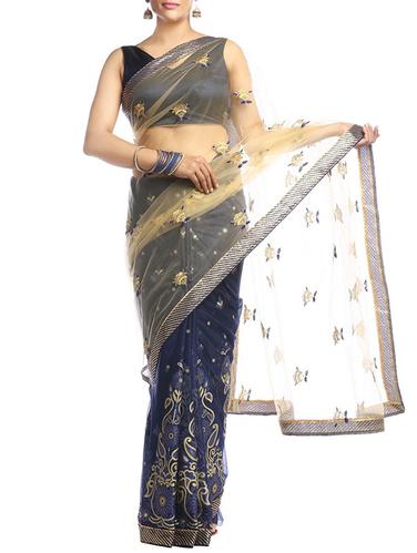 embroidered blue half and half saree with blouse - 15344374 - Very Small Image - 1