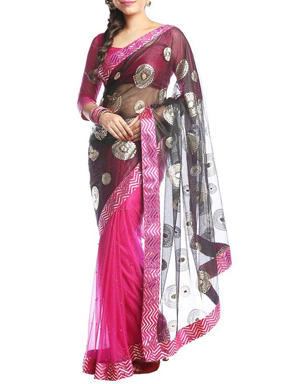 foil printed black half and half saree with blouse - 15344375 - Zoom Image - 1