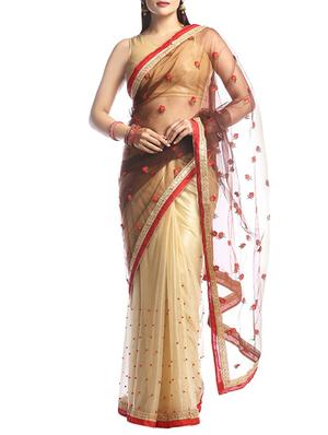 embroidered beige half and half saree with blouse - 15344377 - Standard Image - 1