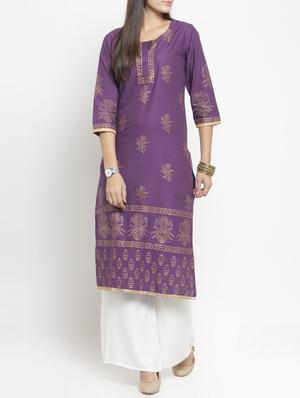 purple cotton straight kurta - 15344544 - Standard Image - 1