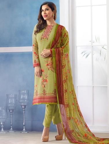 Printed semi-stitched straight pant suit - 15345115 - Very Small Image - 1