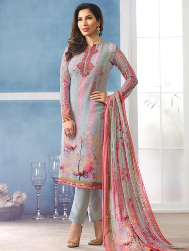 Printed semi-stitched straight pant suit - 15345116 - Very Small Image - 1