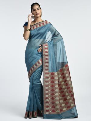contrast zari border handloom saree with blouse - 15345775 - Standard Image - 1