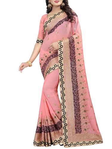 resham & zari embroidery work saree with blouse - 15345833 - Very Small Image - 1