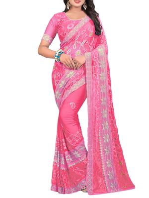 thread embroidered pink saree with blouse - 15346551 - Standard Image - 1