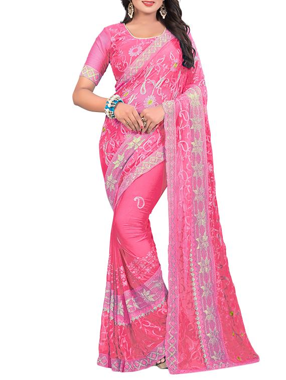 thread embroidered pink saree with blouse - 15346551 - Zoom Image - 1