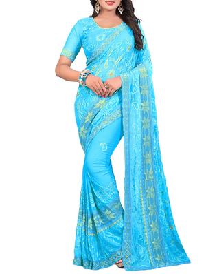 thread embroidered sky blue saree with blouse - 15346552 - Standard Image - 1
