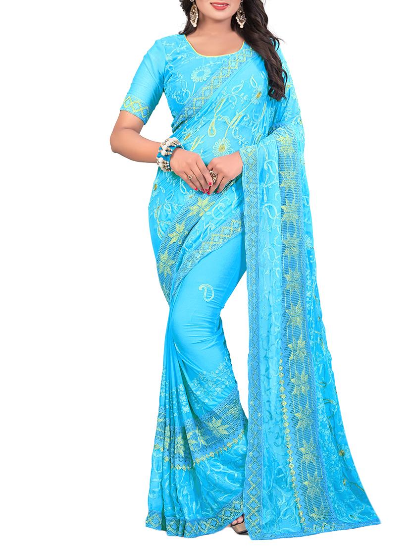 thread embroidered sky blue saree with blouse - 15346552 - Zoom Image - 1