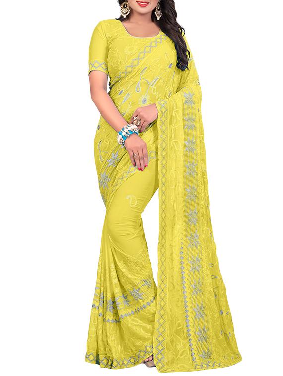 thread embroidered yellow saree with blouse - 15346553 - Zoom Image - 1