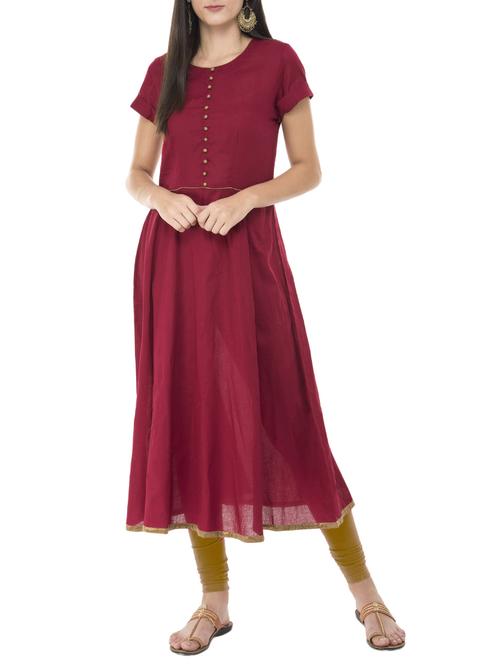 maroon cotton flared kurta - 15349429 - Very Small Image - 1