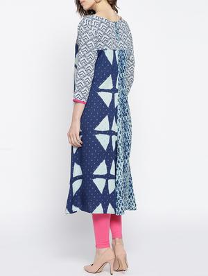blue cotton straight kurta - 15349467 - Standard Image - 3