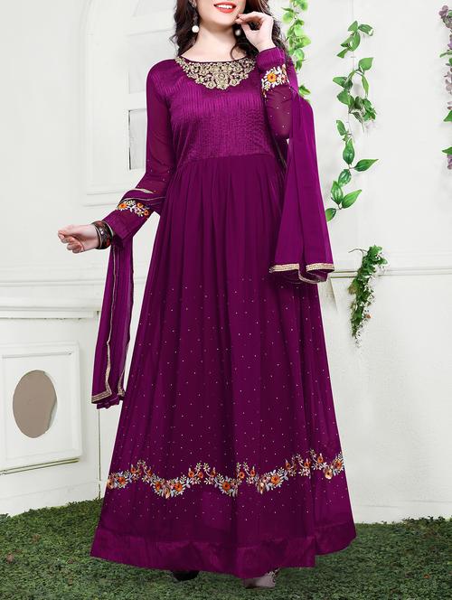 Embroidered semi-stitched flared suit - 15349486 - Standard Image - 1