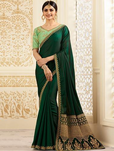 embroidered lace border bottle green saree with blouse - 15352832 - Very Small Image - 1