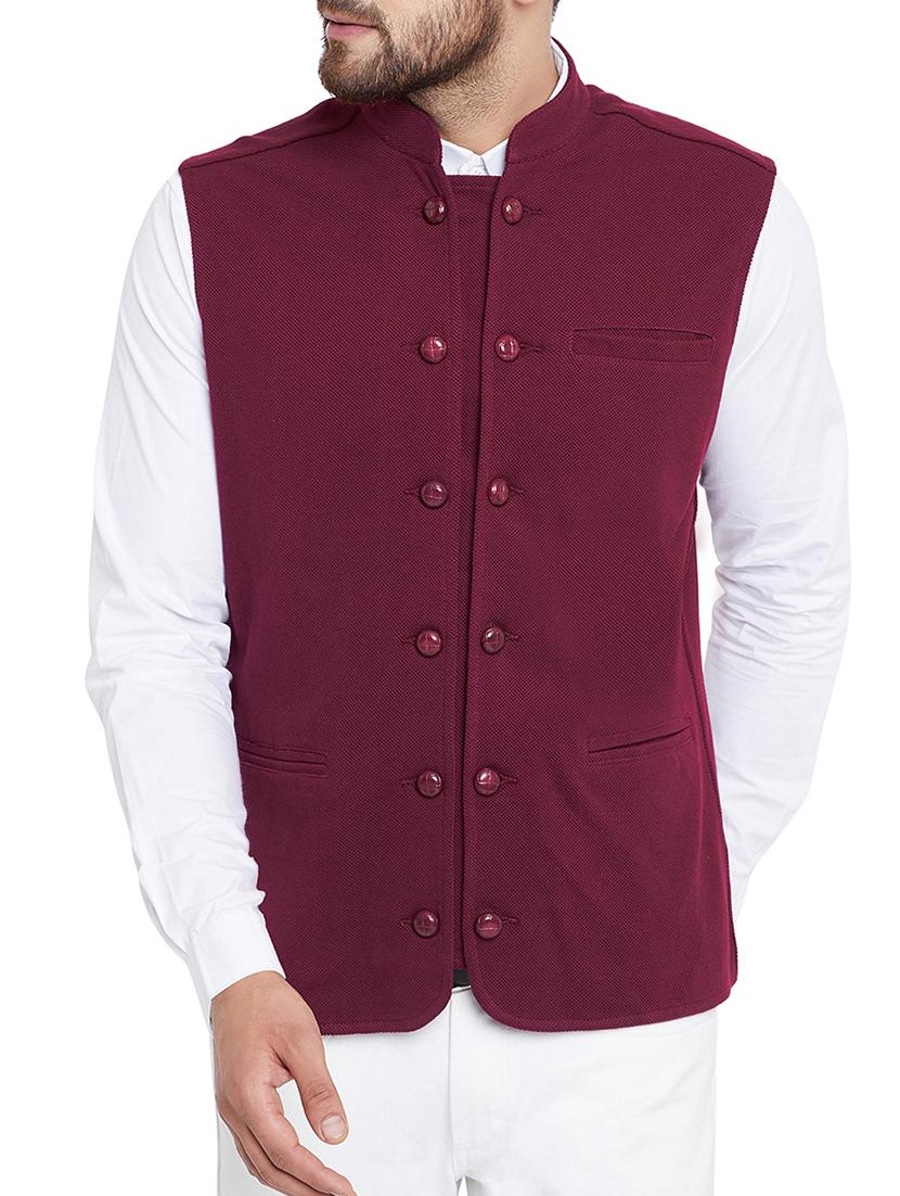 maroon cotton nehru jacket - 15352976 - Zoom Image - 1