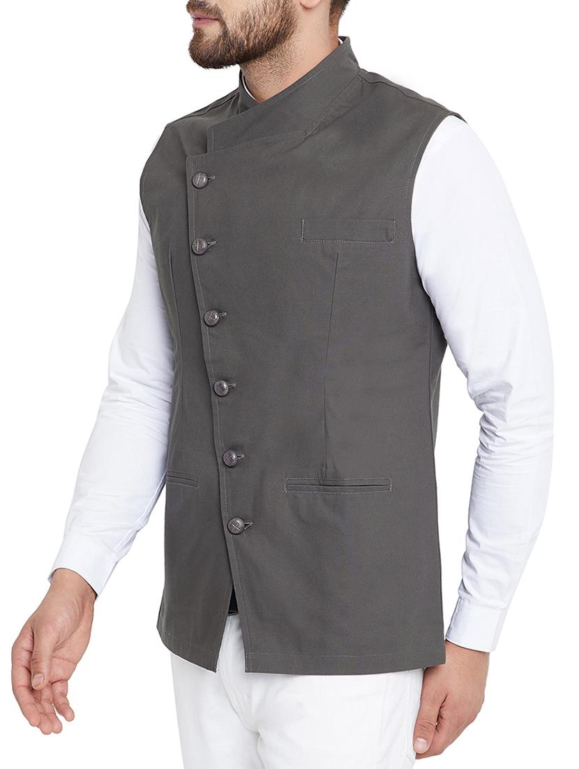grey cotton nehru jacket - 15352981 - Zoom Image - 2