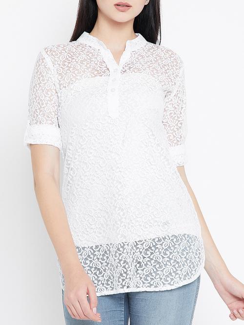 mesh mandarin collar top - 15353830 - Standard Image - 1