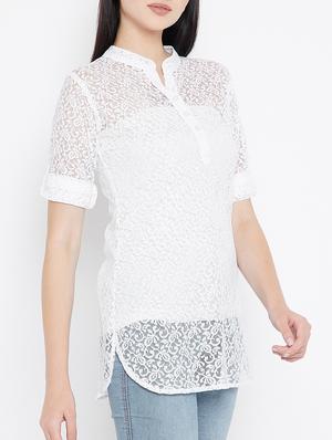 mesh mandarin collar top - 15353830 - Standard Image - 2