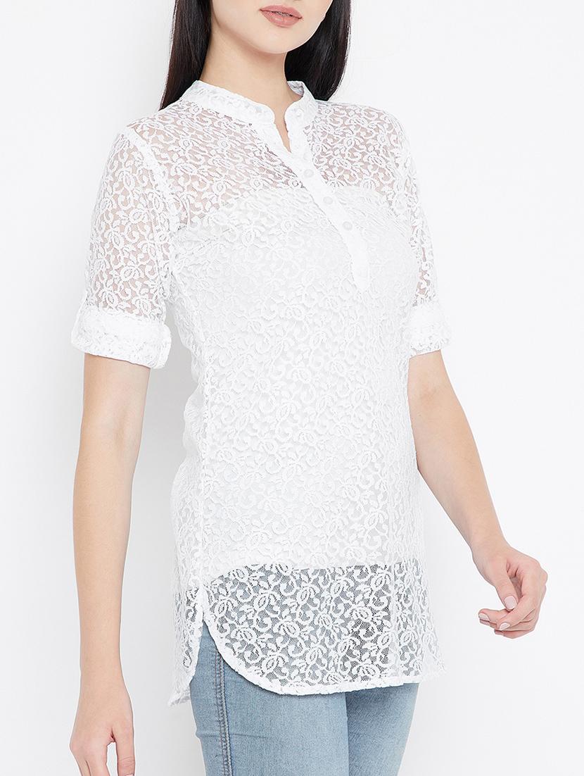 mesh mandarin collar top - 15353830 - Zoom Image - 2
