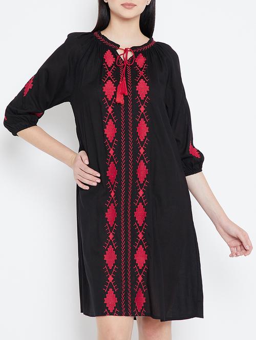 embroidered tie up neck dress - 15353839 - Standard Image - 1