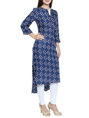 indigo high-low printed kurta - 15353866 - Standard Image - 2