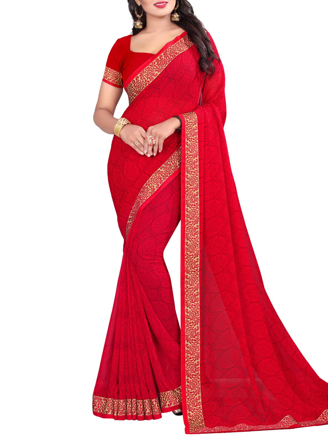 delicate golden border printed saree with blouse - 15354231 - Zoom Image - 1
