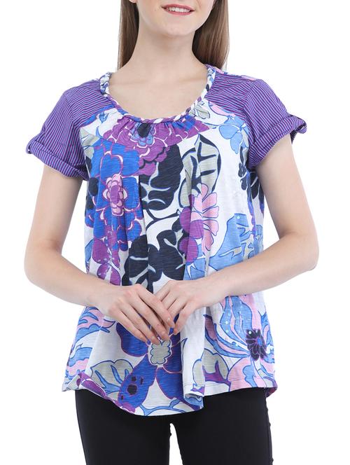 striped sleeved printed top - 15360812 - Standard Image - 1