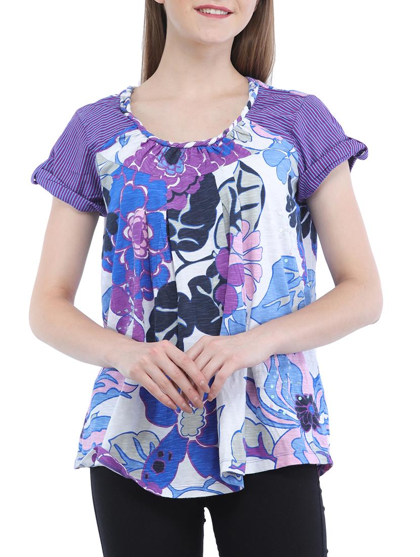 striped sleeved printed top - 15360812 - Zoom Image - 1