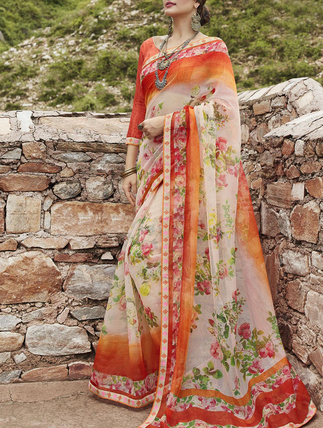 floral printed saree with blouse - 15360906 - Zoom Image - 1