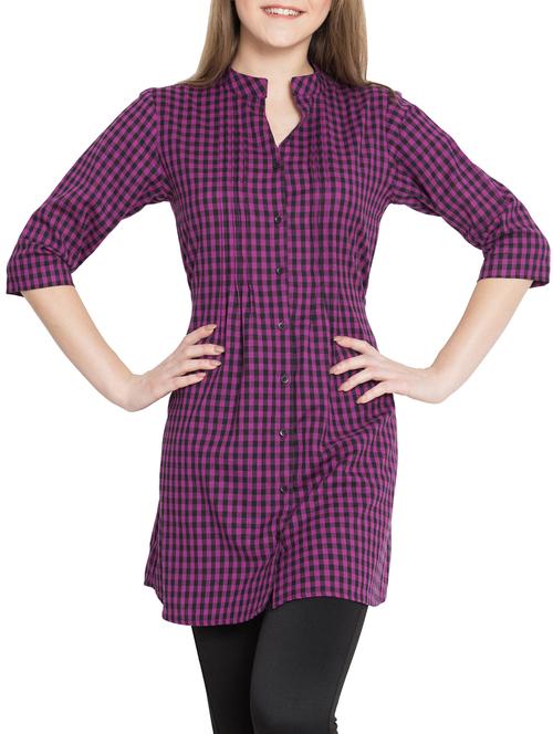 pin tucks detail checkered tunic - 15367079 - Standard Image - 1