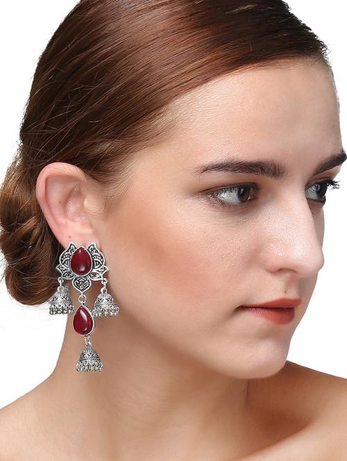 red silver tone oxidised earrings - 15379267 - Standard Image - 1