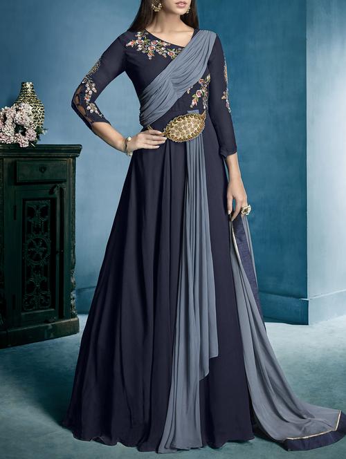 Embroidered semi-stitched flared suit - 15383942 - Standard Image - 1