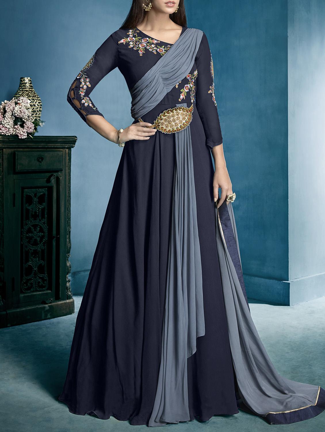 Embroidered semi-stitched flared suit - 15383942 - Zoom Image - 1