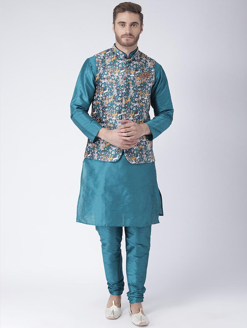 blue silk blend nehru jacket - 15384263 - Zoom Image - 1